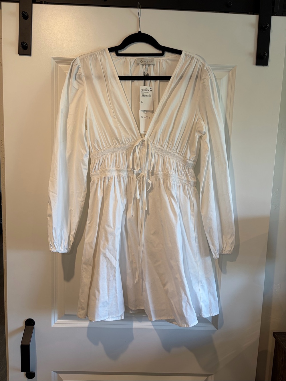 Wayf White Long Sleeve V-Neck Tie-Front Mini Dress